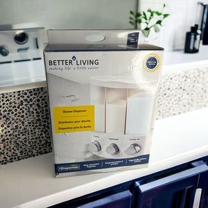 Better Living Shower Trio Dispenser Shampoo Conditioner Shower Gel. Box is 9”x7”